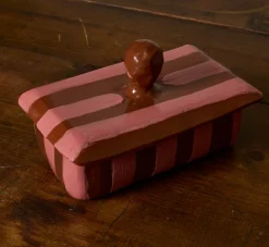 Pierce & Ward BUTTER DISH IN TERRACOTTA WITH PINK STRIPE | Kitchen | Gifts
