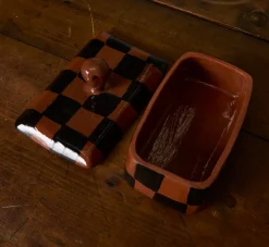 Pierce & Ward BUTTER DISH IN TERRACOTTA WITH BLACK CHECK | Kitchen | Gifts