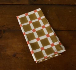 Pierce & Ward CHECKERBOARD BLOCK PRINT NAPKIN IN OLIVE AND RED | Kitchen