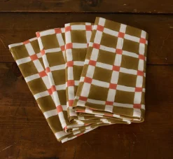 Pierce & Ward CHECKERBOARD BLOCK PRINT NAPKIN IN OLIVE AND RED | Kitchen