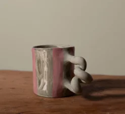 Pierce & Ward GREEN MARBLE WIGGLE MUG WITH PINK STRIPE | Kitchen