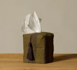 Pierce & Ward OLIVE AND COFFEE STRIPE LINEN TISSUE BOX COVER | Pierce & Ward Collection