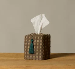 Pierce & Ward TAUPE AND LAKE CHECK VINTAGE SILK TISSUE BOX COVER | Pierce & Ward Collection