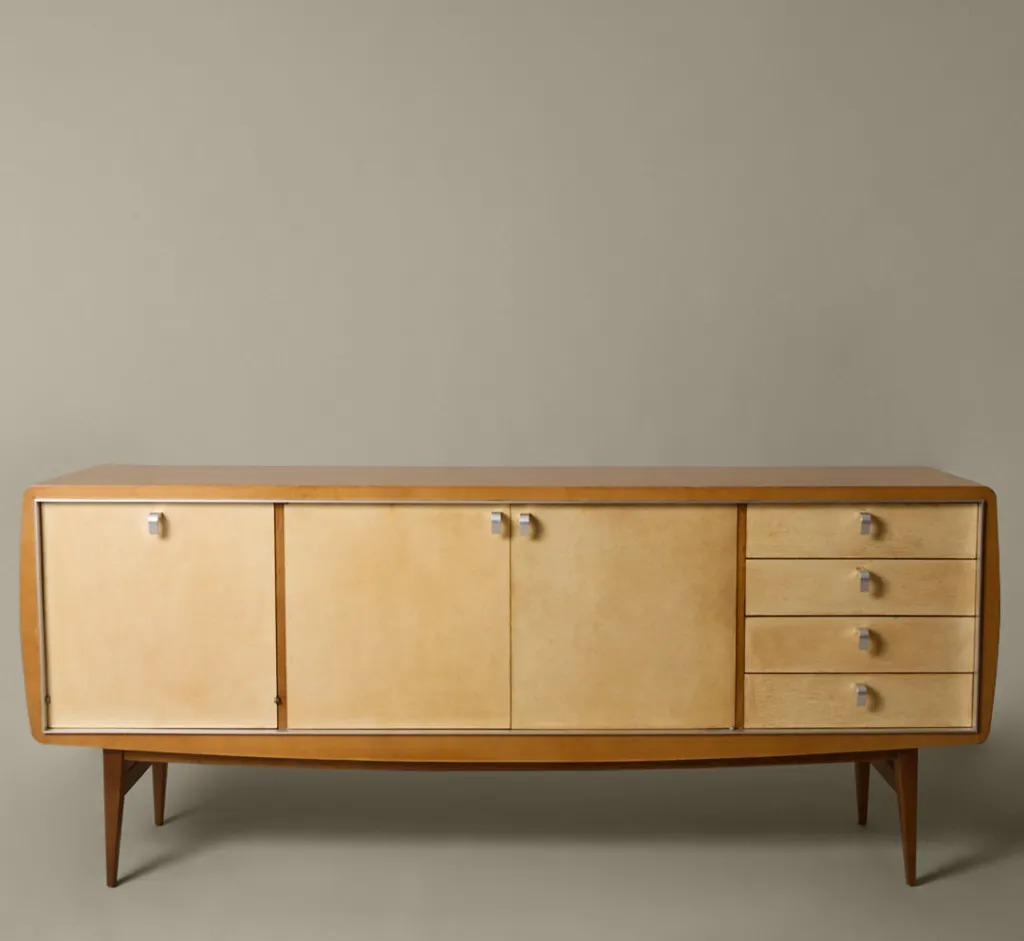 Pierce & Ward 1960S FRENCH ELM SIDEBOARD WITH PARCHMENT COVERED FACADE | Furniture