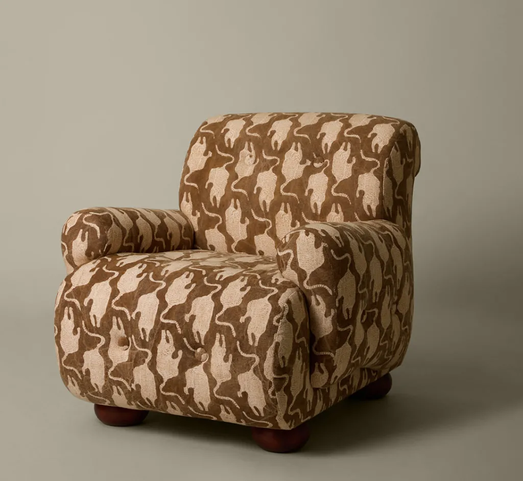Pierce & Ward 1970S ITALIAN ARMCHAIR IN STONEWASHED VINTAGE TIGER BLOCK PRINT | Furniture