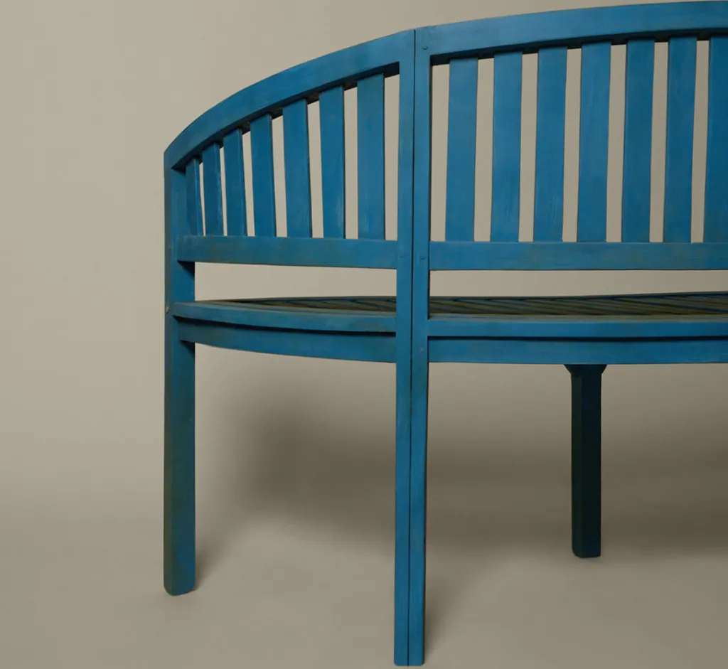 Pierce & Ward VINTAGE AMERICANA BLUE DEMILUNE GARDEN BENCH | Furniture